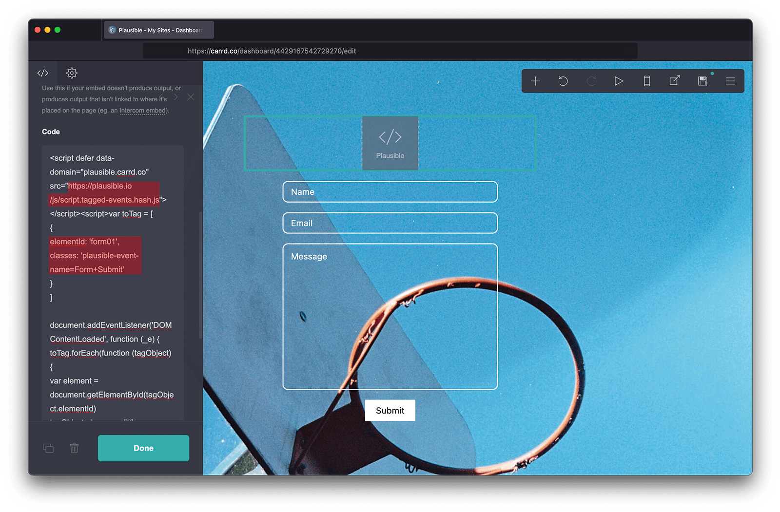 Modify Plausible script Carrd for form tracking