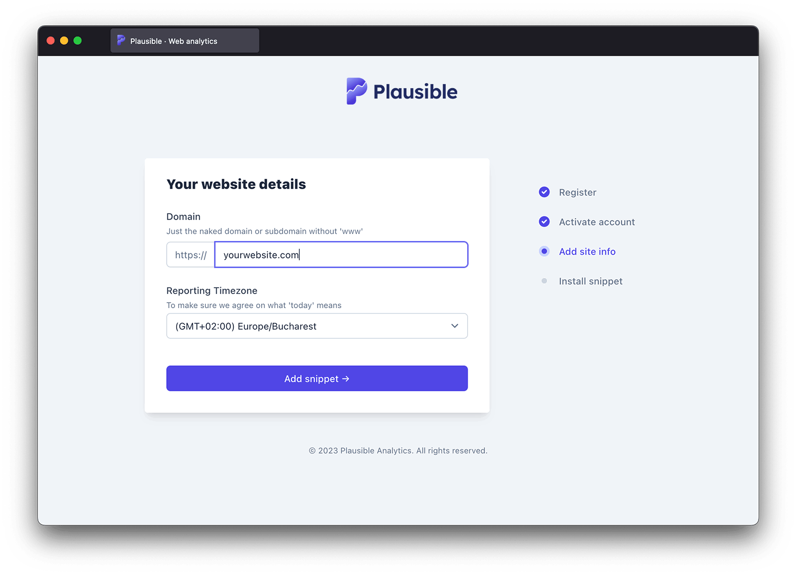 Add your website details to Plausible Analytics