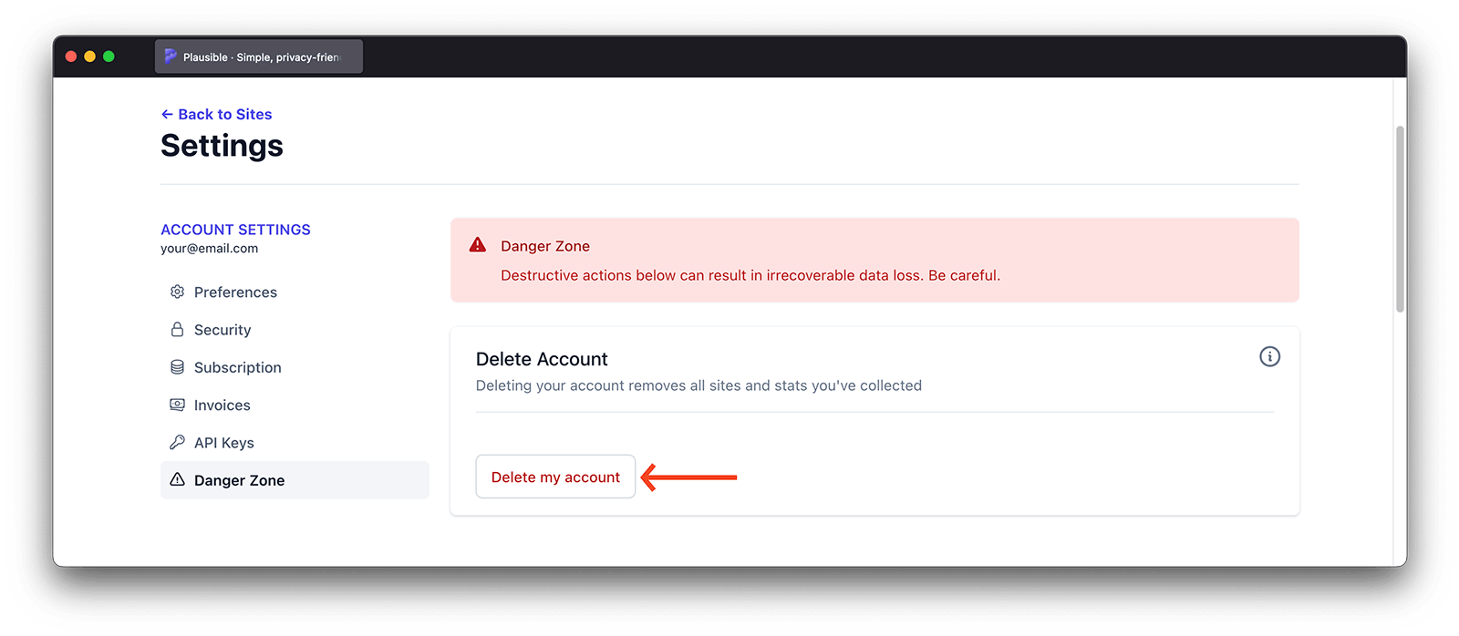Delete your Plausible Analytics account