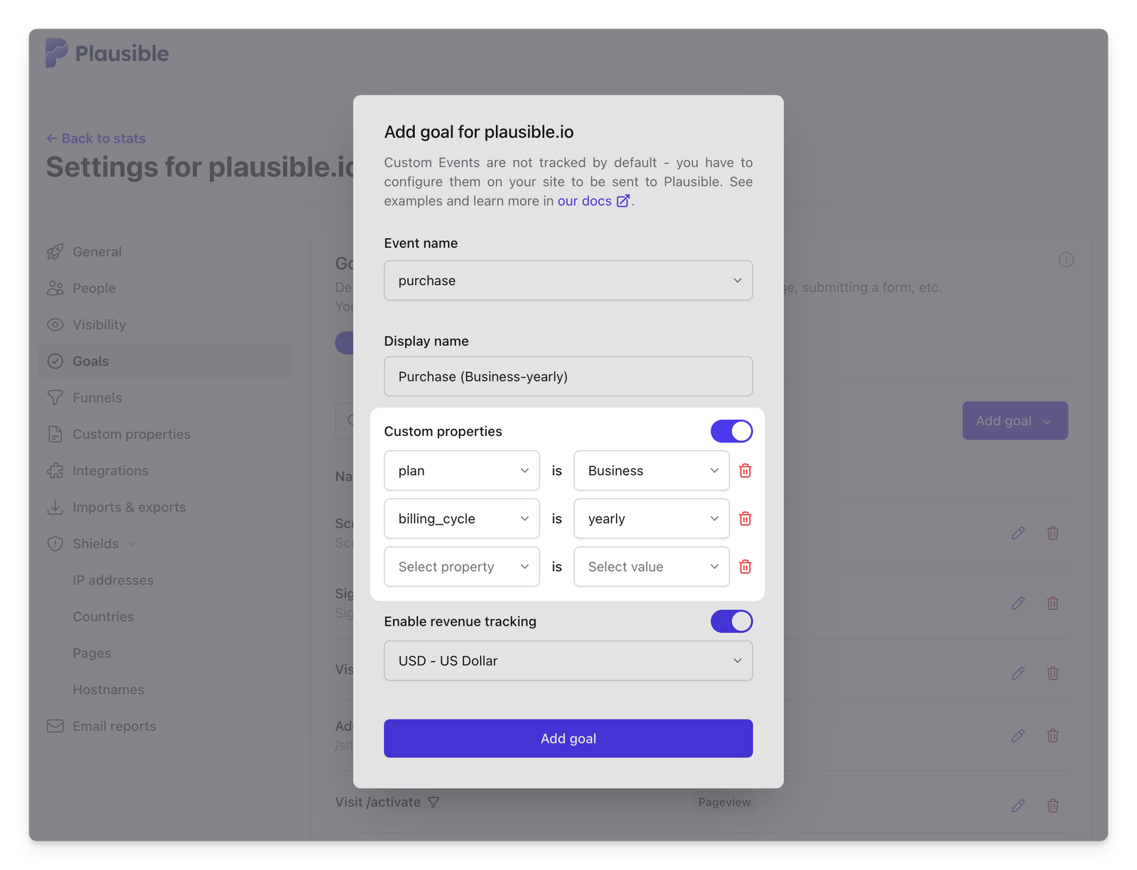 goals with custom properties in plausible analytics